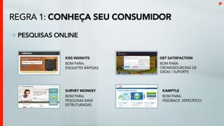Conheça seu consumidorPesquisas OnlineKiss insightsBom para: QuickpollsGetSatisfactionBom para: Crowdsourcingde idéias / suporteSurveyMonkeyBom para: tKampyleBom para: Feedback específico