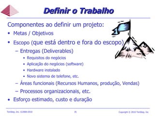 Definir o Trabalho Componentes ao definir um projeto: Metas  /  Objetivos Escopo ( que está dentro e fora do escopo) Entregas (Deliverables) Requisitos do negócios Aplicação do negócios (software) Hardware instalado Novo sistema de telefone, etc. Áreas funcionais (Recursos Humanos, produção, Vendas) Processos organizacionais, etc.  Esforço estimado, custo e duração 