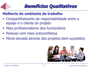 Benefícios Qualitativos Melhoria do ambiente de trabalho Compartilhamento de responsabilidade entre a equipe e o cliente do projeto Mais profissionalismo dos funcionários Pessoas com mais autoconfiança Moral elevada através dos projetos bem sucedidos 