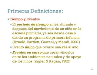 Primeras Definiciones :
nTiempo y Eventos
n El periodo de tiempo antes,durante y
después del movimiento de un niño en la
escuela primaria,ya sea desde casa o
desde un programa de primera infancia
(Arnold,Bartlett, Gowani,y Merali,2007)
n Evento único que ocurre una vez al año
n Eventos en curso que crean vínculos
entre los ambientes naturales y de apoyo
de los niños (Zigler & Kagan,1982)
24
24
 