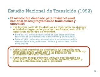 Estudio Nacional de Transición (1992)
n El estudio fue diseñado para revisar el nivel
nacional de los programas de transiciones y
encontró:
n Una tercera parte de los distritos no reportaron en absoluto
actividades organizadas para las transiciones; solo el 21%
reportaron algún tipo de actividad.
n Solo el 13% de las escuelas tienen una política formal
relacionada con el tema de transiciones y continuidad.
n Solo el 10% de las escuelas reportan una comunicación
sistemática entre profesores, nuevos y anteriores, sobre
estudiantes
n Actividades comunes de programas de transición son:
visitas/orientación, informes a los padres sobre derechos y
resposabilidades, involucrar a los padres en las
actividades del salón de clase
n Actividades menos comunes incluyen coordinación de
curriculum, establecer comunicación entre el personal y
proveer entrenamiento para el personal
32
32
 