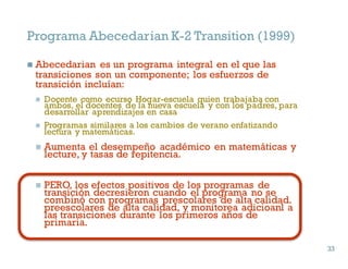 Programa Abecedarian K-2 Transition (1999)
n Abecedarian es un programa integral en el que las
transiciones son un componente; los esfuerzos de
transición incluían:
n Docente como ecurso Hogar-escuela quien trabajaba con
ambos, el docentes de la nueva escuela y con los padres, para
desarrollar aprendizajes en casa
n Programas similares a los cambios de verano enfatizando
lectura y matemáticas.
n Aumenta el desempeño académico en matemáticas y
lecture, y tasas de repitencia.
n PERO, los efectos positivos de los programas de
transición decresieron cuando el programa no se
combinó con programas prescolares de alta calidad.
preescolares de alta calidad, y monitorea adicioanl a
las transiciones durante los primeros años de
primaria.
33
33
 