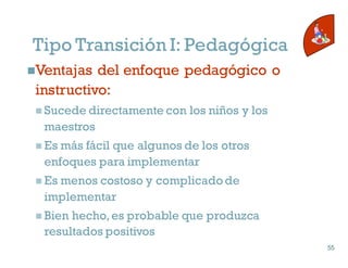 nVentajas del enfoque pedagógico o
instructivo:
n Sucede directamente con los niños y los
maestros
n Es más fácil que algunos de los otros
enfoques para implementar
n Es menos costoso y complicadode
implementar
n Bien hecho,es probable que produzca
resultados positivos
55
55
Tipo Transición I: Pedagógica
 