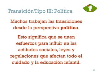 TransiciónTipo III: Política
Muchos trabajan las transiciones
desde la perspectiva política.
Esto significa que se unen
esfuerzos para influir en las
actitudes sociales, leyes y
regulaciones que afectan todo el
cuidado y la educación infantil.
60
60
 