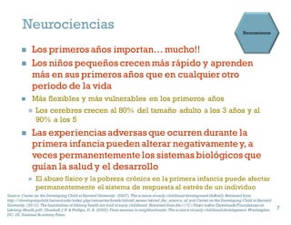 Neurociencias
n Los primeros años importan… mucho!!
n Los niños pequeños crecen más rápido y aprenden
más en sus primeros años que en cualquier otro
período de la vida
n Más flexibles y más vulnerables en los primeros años
n Los cerebros crecen al 80% del tamaño adulto a los 3 años y al
90% a los 5
n Las experiencias adversas que ocurren durante la
primera infancia pueden alterar negativamentey, a
veces permanentemente los sistemas biológicos que
guían la salud y el desarrollo
n El abuso físico y la pobreza crónica en la primera infancia puede afectar
permanentemente el sistema de respuesta al estrés de un individuo
7
Source: Centeron the Developing Child at Harvard University. (2007). The science of early childhooddevelopment (InBrief). Retrieved from
http://developingchild.harvard.edu/index.php/resources/briefs/inbrief_series/inbrief_the_science_of_ecd Centeron the Developing Child at Harvard
University. (2010). The foundations of lifelong health are built in early childhood. Retrieved from file:///C:/Users/eafox/Downloads/Foundations-of-
Lifelong-Health.pdf ; Shonkoff, J. P. & Phillips, D. A. (2000). From neurons to neighborhoods: The science of early childhooddevelopment. Washington,
DC, US: National Academy Press.
7
 