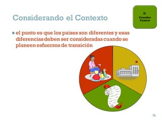 Considerando el Contexto
76
n el punto es que los paises son diferentes y esas
diferenciasdeben ser consideradas cuando se
planeen esfuerzos de transición
76
 