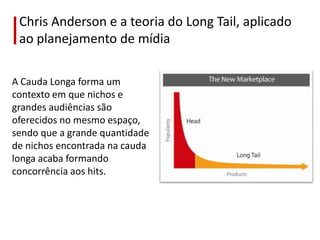 Chris Anderson e a teoria do LongTail, aplicado ao planejamento de mídiaA Cauda Longa forma um contexto em que nichos e grandes audiências são oferecidos no mesmo espaço, sendo que a grande quantidade de nichos encontrada na cauda longa acaba formando concorrência aos hits.