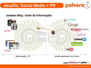 desafio: Social Media + PR Jukebox Blog  - fonte de informações  case o ff - line o n - line brand equity  - PR brand awareness  Social Media 