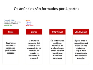 Os anúncios são formados por 4 partesURL VisívelURL InvisívelTítuloLinhasÉ o endereço do ambiente receptivo do produto/anunciante e deve ter também no máximo 35caracteresÉ para onde o consumidor será levado caso se efetue um clique. Esse endereço não fica visível no anúncio.Deve ter no máximo 25 caracteres (incluindo os espaços)O anúncio é composto de 2 linhas e cada uma pode ter no máximo 35 caracteres (incluindo os espaços)Faculdade ESPM Mais de 30 opções de cursos. Faça agora sua matrícula.www.ESPM.brTítuloLinha 1Linha 2URL Visível