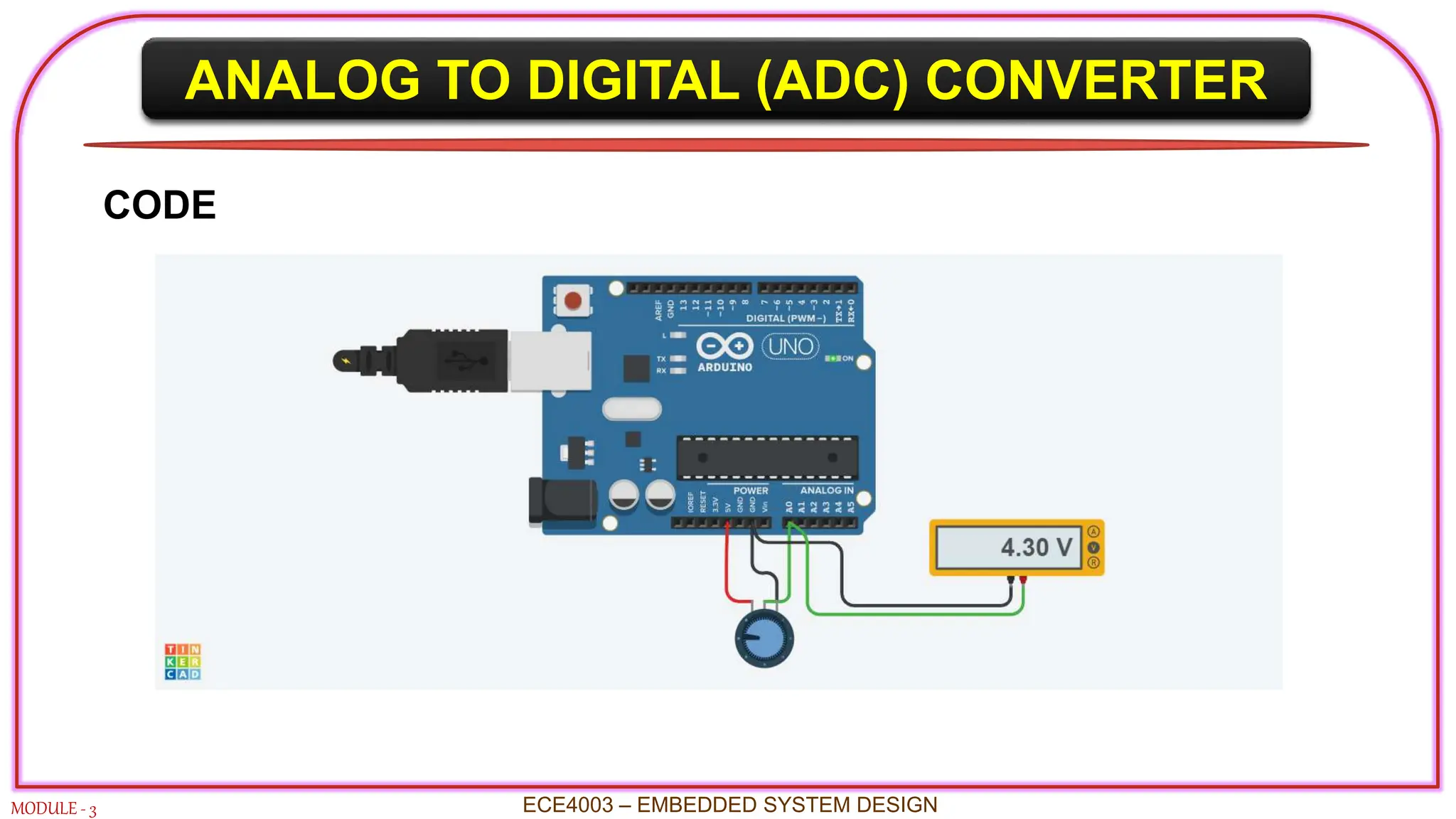 ANALOG TO DIGITAL (ADC) CONVERTER
MODULE - 3 ECE4003 – EMBEDDED SYSTEM DESIGN
CODE
 