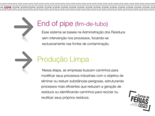 End of pipe (ﬁm-de-tubo)
Esse sistema se baseia na Administração dos Resíduos
sem intervenção nos processos, focando-se
exclusivamente nas fontes de contaminação.

Produção Limpa
Nessa etapa, as empresas buscam caminhos para
modiﬁcar seus processos industriais com o objetivo de
eliminar ou reduzir substâncias perigosas, estruturando
processos mais eﬁcientes que reduzam a geração de
resíduos ou identiﬁcando caminhos para reciclar ou
reutilizar seus próprios resíduos.
	

 