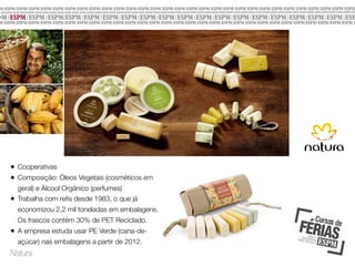 •
•
•

Cooperativas
Composição: Óleos Vegetais (cosméticos em
geral) e Álcool Orgânico (perfumes)
Trabalha com reﬁs desde 1983, o que já
economizou 2,2 mil toneladas em embalagens.
Os frascos contém 30% de PET Reciclado.

•

A empresa estuda usar PE Verde (cana-deaçúcar) nas embalagens a partir de 2012.

Natura

 