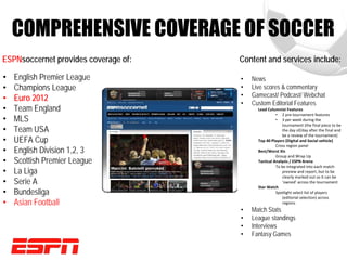 COMPREHENSIVE COVERAGE OF SOCCER
ESPNsoccernet provides coverage of:   Content and services include:

•   English Premier League            •   News
•   Champions League                  •   Live scores & commentary
                                      •   Gamecast/ Podcast/ Webchat
•   Euro 2012
                                      •   Custom Editorial Features
•   Team England                            Lead Columnist Features
                                                      • 2 pre‐tournament features
•   MLS                                               • 3 per week during the 
                                                         tournament (the final piece to be 
•   Team USA                                             the day of/day after the final and 
                                                         be a review of the tournament) 
•   UEFA Cup                                Top 40 Players (Digital and Social vehicle)
                                                      Cross region panel 
•   English Division 1,2, 3                 Best/Worst XIs
                                                      Group and Wrap Up
•   Scottish Premier League                 Tactical Analysis / ESPN Arena
                                                      To be integrated into each match 
•   La Liga                                              preview and report, but to be 
                                                         clearly marked out so it can be 
•   Serie A                                               ‘owned’ across the tournament
                                            Star Watch
•   Bundesliga                                        Spotlight select list of players 
                                                          (editorial selection) across 
•   Asian Football                                        regions
                                      •   Match Stats
                                      •   League standings
                                      •   Interviews
                                      •   Fantasy Games
 