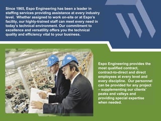 Espo Engineering provides the most qualified contract, contract-to-direct and direct employees at every level and every discipline.  Our personnel can be provided for any project – supplementing our clients’ peaks and valleys and providing special expertise when needed. Since 1965, Espo Engineering has been a leader in staffing services providing assistance at every industry level.  Whether assigned to work on-site or at Espo’s facility, our highly-trained staff can meet every need in today’s technical environment. Our commitment to excellence and versatility offers you the technical quality and efficiency vital to your business. 