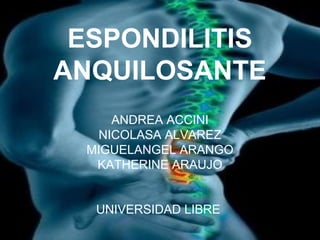 ESPONDILITIS
ANQUILOSANTE
      ANDREA ACCINI
    NICOLASA ALVAREZ
  MIGUELANGEL ARANGO
   KATHERINE ARAUJO


   UNIVERSIDAD LIBRE
 