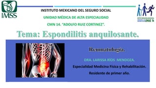 DRA. LARISSA RÍOS MENDOZA.
Especialidad Medicina Física y Rehabilitación.
Residente de primer año.
INSTITUTO MEXICANO DEL SEGURO SOCIAL
UNIDAD MÉDICA DE ALTA ESPECIALIDAD
CMN 14. “ADOLFO RUIZ CORTINEZ”.
 