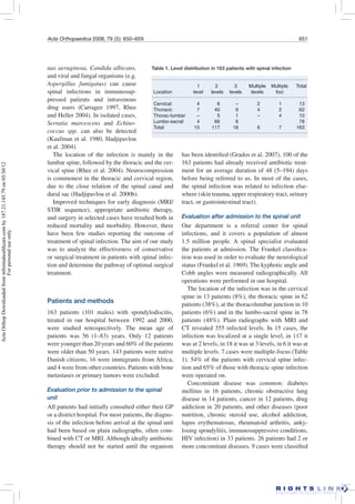 Acta Orthopaedica 2008; 79 (5): 650–659 651
The location of the infection is mainly in the
lumbar spine, followed by the thoracic and the cer-
vical spine (Rhee et al. 2004). Neurocompression
is commonest in the thoracic and cervical region,
due to the close relation of the spinal canal and
dural sac (Hadjipavlou et al. 2000b).
Improved techniques for early diagnosis (MRI/
STIR sequence), appropriate antibiotic therapy,
and surgery in selected cases have resulted both in
reduced mortality and morbidity. However, there
have been few studies reporting the outcome of
treatment of spinal infection. The aim of our study
was to analyze the effectiveness of conservative
or surgical treatment in patients with spinal infec-
tion and determine the pathway of optimal surgical
treatment.
Patients and methods
163 patients (101 males) with spondylodiscitis,
treated in our hospital between 1992 and 2000,
were studied retrospectively. The mean age of
patients was 56 (1–83) years. Only 12 patients
were younger than 20 years and 60% of the patients
were older than 50 years. 143 patients were native
Danish citizens, 16 were immigrants from Africa,
and 4 were from other countries. Patients with bone
metastases or primary tumors were excluded.
Evaluation prior to admission to the spinal
unit
All patients had initially consulted either their GP
or a district hospital. For most patients, the diagno-
sis of the infection before arrival at the spinal unit
had been based on plain radiographs, often com-
bined with CT or MRI. Although ideally antibiotic
therapy should not be started until the organism
has been identiﬁed (Grados et al. 2007), 100 of the
163 patients had already received antibiotic treat-
ment for an average duration of 48 (5–194) days
before being referred to us. In most of the cases,
the spinal infection was related to infection else-
where (skin trauma, upper respiratory tract, urinary
tract, or gastrointestinal tract).
Evaluation after admission to the spinal unit
Our department is a referral center for spinal
infections, and it covers a population of almost
1.5 million people. A spinal specialist evaluated
the patients at admission. The Frankel classiﬁca-
tion was used in order to evaluate the neurological
status (Frankel et al. 1969). The kyphotic angle and
Cobb angles were measured radiographically. All
operations were performed in our hospital.
The location of the infection was in the cervical
spine in 13 patients (8%), the thoracic spine in 62
patients (38%), at the thoracolumbar junction in 10
patients (6%) and in the lumbo-sacral spine in 78
patients (48%). Plain radiographs with MRI and
CT revealed 355 infected levels. In 15 cases, the
infection was localized at a single level, in 117 it
was at 2 levels, in 18 it was at 3 levels, in 6 it was at
multiple levels. 7 cases were multiple-focus (Table
1). 54% of the patients with cervical spine infec-
tion and 65% of those with thoracic spine infection
were operated on.
Concomitant disease was common: diabetes
mellitus in 16 patients, chronic obstructive lung
disease in 14 patients, cancer in 12 patients, drug
addiction in 20 patients, and other diseases (poor
nutrition, chronic steroid use, alcohol addiction,
lupus erythematosus, rheumatoid arthritis, anky-
losing spondylitis, immunosuppressive conditions,
HIV infection) in 33 patients. 26 patients had 2 or
more concomitant diseases. 9 cases were classiﬁed
Table 1. Level distribution in 163 patients with spinal infection
1 2 3 Multiple Multiple Total
Location level levels levels levels foci
Cervical 4 6 – 2 1 13
Thoracic 7 40 9 4 2 62
Thorac-lumbar – 5 1 – 4 10
Lumbo-sacral 4 66 8 78
Total 15 117 18 6 7 163
nas aeruginosa, Candida albicans,
and viral and fungal organisms (e.g.
Aspergillus fumigatus) can cause
spinal infections in immunosup-
pressed patients and intravenous
drug users (Carragee 1997, Rhee
and Heller 2004). In isolated cases,
Serratia marcescens and Echino-
coccus spp. can also be detected
(Kaufman et al. 1980, Hadjipavlou
et al. 2004).
ActaOrthopDownloadedfrominformahealthcare.comby187.21.145.79on05/30/12
Forpersonaluseonly.
 