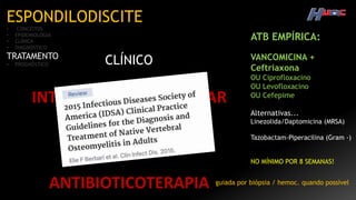 ESPONDILODISCITE
• CONCEITOS
• EPIDEMIOLOGIA
• CLÍNICA
• DIAGNÓSTICO
TRATAMENTO
• PROGNÓSTICO CLÍNICO
INTERNAÇÃO HOSPITALAR
ANALGESIA
ANTIBIOTICOTERAPIA guiada por biópsia / hemoc. quando possível
ATB EMPÍRICA:
VANCOMICINA +
Ceftriaxona
OU Ciprofloxacino
OU Levofloxacino
OU Cefepime
Alternativas...
Linezolida/Daptomicina (MRSA)
Tazobactam-Piperacilina (Gram -)
NO MÍNIMO POR 8 SEMANAS!
 