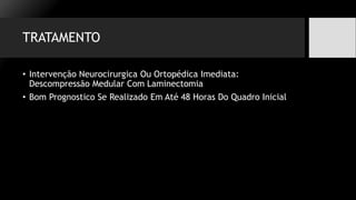 TRATAMENTO
• Intervenção Neurocirurgica Ou Ortopédica Imediata:
Descompressão Medular Com Laminectomia
• Bom Prognostico Se Realizado Em Até 48 Horas Do Quadro Inicial
 
