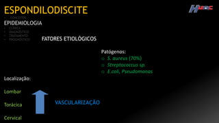 ESPONDILODISCITE
• CONCEITOS
EPIDEMIOLOGIA
• CLÍNICA
• DIAGNÓSTICO
• TRATAMENTO
• PROGNÓSTICO FATORES ETIOLÓGICOS
Patógenos:
o S. aureus (70%)
o Streptococcus sp.
o E.coli, Pseudomonas
Localização:
Lombar
Torácica
Cervical
VASCULARIZAÇÃO
 