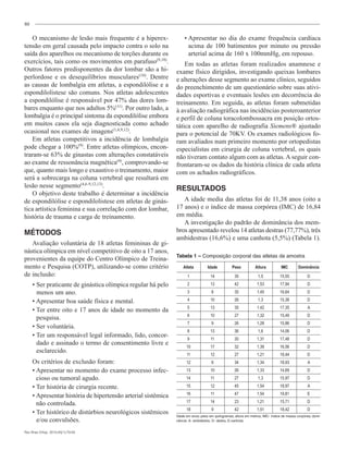 80
O mecanismo de lesão mais frequente é a hiperex-
tensão em geral causada pelo impacto contra o solo na
saída dos aparelhos ou mecanismo de torções durante os
exercícios, tais como os movimentos em parafuso(9,10)
.
Outros fatores predisponentes da dor lombar são a hi-
perlordose e os desequilíbrios musculares(10)
. Dentre
as causas de lombalgia em atletas, a espondilólise e a
espondilolistese são comuns. Nos atletas adolescentes
a espondilólise é responsável por 47% das dores lom-
bares enquanto que nos adultos 5%(11)
. Por outro lado, a
lombalgia é o principal sintoma da espondilólise embora
em muitos casos ela seja diagnosticada como achado
ocasional nos exames de imagens(1,4,9,12)
.
Em atletas competitivos a incidência de lombalgia
pode chegar a 100%(9)
. Entre atletas olímpicos, encon-
traram-se 63% de ginastas com alterações constatáveis
ao exame de ressonância magnética(4)
, comprovando-se
que, quanto mais longo e exaustivo o treinamento, maior
será a sobrecarga na coluna vertebral que resultará em
lesão nesse segmento(4,6-9,12,13)
.
O objetivo deste trabalho é determinar a incidência
de espondilólise e espondilolistese em atletas de ginás-
tica artística feminina e sua correlação com dor lombar,
história de trauma e carga de treinamento.
MÉTODOS
Avaliação voluntária de 18 atletas femininas de gi-
nástica olímpica em nível competitivo de oito a 17 anos,
provenientes da equipe do Centro Olímpico de Treina-
mento e Pesquisa (COTP), utilizando-se como critério
de inclusão:
menos um ano.
pesquisa.
-
dado e assinado o termo de consentimento livre e
esclarecido.
Os critérios de exclusão foram:
-
cioso ou tumoral agudo.
não controlada.
e/ou convulsões.
acima de 100 batimentos por minuto ou pressão
arterial acima de 160 x 100mmHg, em repouso.
Em todas as atletas foram realizados anamnese e
exame físico dirigidos, investigando queixas lombares
e alterações desse segmento ao exame clínico, seguidos
do preenchimento de um questionário sobre suas ativi-
dades esportivas e eventuais lesões em decorrência do
treinamento. Em seguida, as atletas foram submetidas
à avaliação radiográfica nas incidências posteroanterior
e perfil de coluna toracolombossacra em posição ortos-
tática com aparelho de radiografia Siemens® ajustado
para o potencial de 70KV. Os exames radiológicos fo-
ram avaliados num primeiro momento por ortopedistas
especialistas em cirurgia de coluna vertebral, os quais
não tiveram contato algum com as atletas. A seguir con-
frontaram-se os dados da história clínica de cada atleta
com os achados radiográficos.
RESULTADOS
A idade media das atletas foi de 11,38 anos (oito a
17 anos) e o índice de massa corpórea (IMC) de 16,84
em média.
A investigação do padrão de dominância dos mem-
bros apresentado revelou 14 atletas destras (77,77%), três
ambidestras (16,6%) e uma canhota (5,5%) (Tabela 1).
Tabela 1 – Composição corporal das atletas da amostra
Atleta Idade Peso Altura IMC Dominância
1 14 35 1,5 15,55 D
2 13 42 1,53 17,94 D
3 8 35 1,45 16,64 D
4 10 26 1,3 15,38 D
5 13 35 1,42 17,35 A
6 10 27 1,32 15,49 D
7 9 26 1,28 15,86 D
8 13 36 1,6 14,06 D
9 11 30 1,31 17,48 D
10 17 32 1,39 16,56 D
11 12 27 1,21 18,44 D
12 8 34 1,34 18,93 A
13 10 26 1,33 14,69 D
14 11 27 1,3 15,97 D
15 12 45 1,54 18,97 A
16 11 47 1,54 19,81 E
17 14 23 1,21 15,71 D
18 9 42 1,51 18,42 D
Idade em anos; peso em quilogramas; altura em metros; IMC- índice de massa corpórea; domi-
nância: A- ambidestra, D- destra, E-canhota
Rev Bras Ortop. 2010;45(1):79-83
 