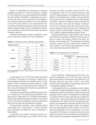 81
Quanto à intensidade do treinamento, as ginastas
treinaram em média 27,77 horas por semana; 13 atletas
(72,22%) dedicam-se aos quatro aparelhos da modalida-
de, três (16,66%) restringiam o treinamento aos exercí-
cios de solo, barra e trave; uma atleta (5,5%) dedica-se
aos exercícios de barra assimétrica e trave de equilíbrio
e uma (5,5%) atleta atém-se só aos exercícios de solo.
As atletas que treinam um número inferior de horas por
semana o fazem devido a lesões e tratamentos fisioterá-
picos realizados no horário do treino dentro do mesmo
complexo esportivo.
O tempo de dedicação ao esporte competitivo variou
de um a oito anos, média de 4,27 anos (Tabela 2).
Tabela 2 – Estrutura de treinos realizados pelas ginastas
Estrutura de treino Atletas
h/sem
10h 1
20-25h 3
30h 14
Aparelhos
Solo 1
Barra e trave 1
Solo, barra e trave 3
Todos 13
Compete
Até 2 anos 4
2-5 anos 9
Mais de 5 anos 5
h/sem: horas dedicadas ao treinamento por semana. Compete: tempo (em anos) em que participa
de competições oficiais.
A saúde geral de 14 (77,77%) das atletas da amostra
é excelente. Uma atleta (5,5%) possui o quadro de si-
nusite alérgica controlado com medidas gerais. As três
ginastas (16,6%) restantes possuíam agravos à saúde
que necessitam uso de medicação de uso contínuo. Po-
rém, o uso da medicação não interferiu na qualidade de
treinamento dessas atletas.
A pesquisa de antecedentes mórbidos pessoais indi-
cou 15 atletas (83,33%) isentas de procedimentos cirúr-
gicos prévios. Duas atletas (11,1%) foram submetidas à
herniorrafia umbilical na primeira infância e uma atleta
(5,5%) sofreu fratura fechada de cotovelo esquerdo em
2005 que necessitou de procedimento cirúrgico.
No questionário específico sobre condições físicas
relacionadas com o treinamento, 15 atletas referiram
dores limitantes em diferentes locais, frequências e
intensidades.
Às questões com relação à presença de dores, in-
dependente da localização, nove atletas (50%) referi-
ram dores em todos os treinos; quatro (22,22%), do-
res frequentes; duas (11,11%), dores ocasionais; e três
(16,66%) negam prejuízos no treinamento devido à dor
(Tabela 3). Entendemos por “sempre” uma periodicida-
de de quatro ou cinco episódios de dor a cada semana;
“frequente” refere-se ao aparecimento de episódio do-
loroso entre duas e três vezes por semana; “ocasional”
ou “às vezes”, quando a dor se dá cerca de uma vez por
semana; quando a atleta relata dor com a frequência de
uma vez ao mês foi denominado “raramente” e “despre-
zível” quando a aponta episódios pontuais de dor.
Quando especificada a região lombar como sede de
dor limitante, três ginastas (16,66%) referiram dor em
todos os treinos, três atletas (16,66%) com dores fre-
quentes, cinco ginastas (27,77%) relataram dor lombar
ocasional, quatro (22,22%) referiram dor lombar em
raras ocasiões e três (16,66%) não apontaram a coluna
como sede importante de dor (Tabela 3).
Tabela 3 – Dor relacionada com o treinamento
Atletas com dor nos
treinos
Atletas com dor lombar
Sempre 9 3
Frequente 4 3
Às vezes 2 5
Raramente 0 4
Desprezível 3 3
Ao se relacionar o aparecimento da dor com o pe-
ríodo de treinamento, em 13 (72,22%) casos o pico da
dor ocorreu durante o treinamento, duas atletas (11,1%)
disseram sentir dor logo após o treino e três atletas
(16,66%) não relacionaram o aparecimento da dor com
o treinamento imediato (Tabela 4).
A intensidade da dor é um parâmetro muito subjeti-
vo. Para fim de estudo comparativo usou-se o número de
competições esportivas das quais as atletas deixaram de
participar devido a dores. Os resultados revelaram que
12 ginastas (66,66%) nunca deixaram de competir de-
vido às dores e lesões decorrentes de treinamentos. Em
contraposição, três atletas (16,66%) deixaram de parti-
cipar de um campeonato importante devido à dor. Uma
atleta (5,5%), pelo quadro álgico, deixou de compare-
cer à sua apresentação em duas ocasiões, outra (5,5%)
deixou de participar de cinco competições e, por fim,
uma atleta (5,5%) absteve-se inúmeras vezes de eventos
esportivos devido à dor relacionada com treinamento e
lesões esportivas de pequena complexidade (Tabela 4).
ESPONDILÓLISE E ESPONDILOLISTESE EM GINASTAS JOVENS
Rev Bras Ortop. 2010;45(1):79-83
 