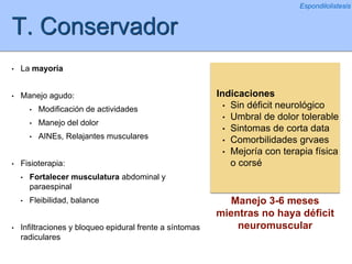 T. Conservador
• La mayoría
• Manejo agudo:
• Modificación de actividades
• Manejo del dolor
• AINEs, Relajantes musculares
• Fisioterapia:
• Fortalecer musculatura abdominal y
paraespinal
• Fleibilidad, balance
• Infiltraciones y bloqueo epidural frente a síntomas
radiculares
Espondilolistesis
Indicaciones
• Sin déficit neurológico
• Umbral de dolor tolerable
• Sintomas de corta data
• Comorbilidades grvaes
• Mejoría con terapia física
o corsé
Manejo 3-6 meses
mientras no haya déficit
neuromuscular
 