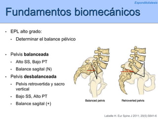Fundamentos biomecánicos
• EPL alto grado:
• Determinar el balance pélvico
• Pelvis balanceada
• Alto SS, Bajo PT
• Balance sagital (N)
• Pelvis desbalanceada
• Pelvis retrovertida y sacro
vertical
• Bajo SS, Alto PT
• Balance sagital (+)
Espondilolistesis
Labelle H. Eur Spine J 2011; 20(5):S641-6
 