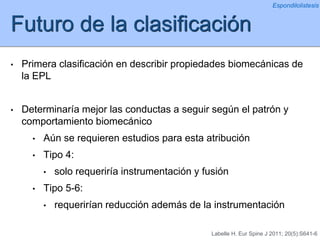 Futuro de la clasificación
• Primera clasificación en describir propiedades biomecánicas de
la EPL
• Determinaría mejor las conductas a seguir según el patrón y
comportamiento biomecánico
• Aún se requieren estudios para esta atribución
• Tipo 4:
• solo requeriría instrumentación y fusión
• Tipo 5-6:
• requerirían reducción además de la instrumentación
Espondilolistesis
Labelle H. Eur Spine J 2011; 20(5):S641-6
 