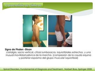 Signo de Phalen -Dixon
ciatalgia, sacro vertical, cifosis lumbosacra, isquiotibiales estrechos, y una
inusual movilidad pélvica de la marcha. (compresión de la cauda equina
y posterior espasmo del grupo muscular isquiotibial)
Spinal Disorders. Fundamental of Diagnosis and Treatment. Norbert Boss. Springer 2008
 