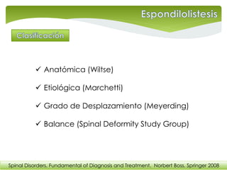  Anatómica (Wiltse)
 Etiológica (Marchetti)
 Grado de Desplazamiento (Meyerding)
 Balance (Spinal Deformity Study Group)
Spinal Disorders. Fundamental of Diagnosis and Treatment. Norbert Boss. Springer 2008
 