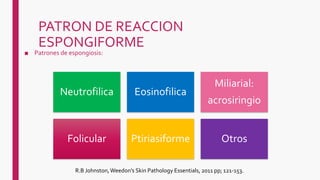 PATRON DE REACCION
ESPONGIFORME
■ Patrones de espongiosis:
Neutrofilica Eosinofilica
Miliarial:
acrosiringio
Folicular Ptiriasiforme Otros
R.B Johnston,Weedon's Skin Pathology Essentials, 2011 pp; 121-153.
 