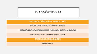 DIAGNÓSTICO EA
CRITERIOS CLÍNICOS (AL MENOS UNO)
DOLOR LUMBAR INFLAMATORIO > 3 MESES
LIMITACIÓN DE MOVILIDAD LUMBAR EN PLANOS SAGITALY FRONTAL
LIMITACIÓN DE LA EXPANSIÓNTORÁCICA
CRITERIOS RADIOLÓGICOS
SACROILEITIS
 