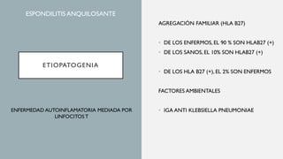 ETIOPATOGENIA
AGREGACIÓN FAMILIAR (HLA B27)
• DE LOS ENFERMOS, EL 90 % SON HLAB27 (+)
• DE LOS SANOS, EL 10% SON HLAB27 (+)
• DE LOS HLA B27 (+), EL 2% SON ENFERMOS
FACTORES AMBIENTALES
• IGA ANTI KLEBSIELLA PNEUMONIAE
ESPONDILITIS ANQUILOSANTE
ENFERMEDAD AUTOINFLAMATORIA MEDIADA POR
LINFOCITOS T
 