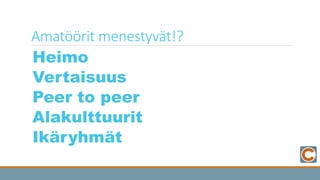 Amatöörit  menestyvät!?
	
   Heimo
	
   Vertaisuus
	
   Peer to peer
	
   Alakulttuurit
	
   Ikäryhmät
 