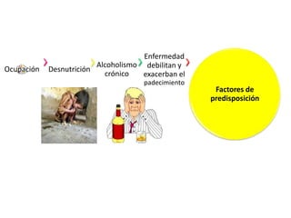 Enfermedad
                         Alcoholismo debilitan y
Ocupación   Desnutrición
                           crónico   exacerban el
                                     padecimiento
                                                     Factores de
                                                    predisposición
 