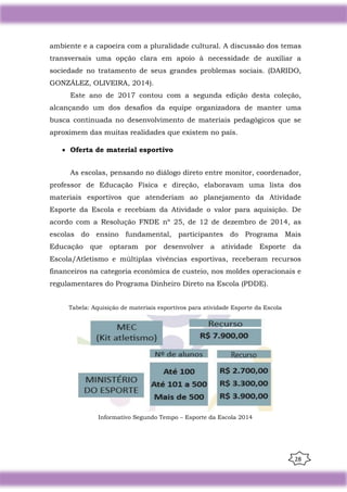 28
ambiente e a capoeira com a pluralidade cultural. A discussão dos temas
transversais uma opção clara em apoio à necessidade de auxiliar a
sociedade no tratamento de seus grandes problemas sociais. (DARIDO,
GONZÁLEZ, OLIVEIRA, 2014).
Este ano de 2017 contou com a segunda edição desta coleção,
alcançando um dos desafios da equipe organizadora de manter uma
busca continuada no desenvolvimento de materiais pedagógicos que se
aproximem das muitas realidades que existem no país.
• Oferta de material esportivo
As escolas, pensando no diálogo direto entre monitor, coordenador,
professor de Educação Física e direção, elaboravam uma lista dos
materiais esportivos que atenderiam ao planejamento da Atividade
Esporte da Escola e recebiam da Atividade o valor para aquisição. De
acordo com a Resolução FNDE nº 25, de 12 de dezembro de 2014, as
escolas do ensino fundamental, participantes do Programa Mais
Educação que optaram por desenvolver a atividade Esporte da
Escola/Atletismo e múltiplas vivências esportivas, receberam recursos
financeiros na categoria econômica de custeio, nos moldes operacionais e
regulamentares do Programa Dinheiro Direto na Escola (PDDE).
Tabela: Aquisição de materiais esportivos para atividade Esporte da Escola
Informativo Segundo Tempo – Esporte da Escola 2014
 