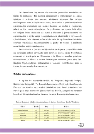 36
Os formadores dos cursos de extensão presenciais conferiam os
locais de realização dos cursos; preparavam e ministravam as aulas
teóricas e práticas dos cursos; visitavam algumas das escolas
contempladas com o Esporte da Escola; solicitavam o preenchimento de
questionários avaliativos em campo durante as visitas e realizavam
relatórios dos cursos e das visitas. Os professores dos cursos EaD, além
de funções como ministrar as aulas e solicitar o preenchimento de
questionários e perfis, eram responsáveis pela elaboração e correção de
atividades em cada bloco de aulas ministrado. As equipes dos ministérios
estavam vinculadas financeiramente a partir de bolsas e recebiam
capacitações sobre suas funções.
Dessa forma, a parceria do Ministério do Esporte com o Ministério
da Educação estava envolvida com diversos atores, entre Secretarias
estaduais e municipais de Educação e de Esporte, escolas públicas,
universidades públicas e outras instituições voltadas para este fim,
Equipes Colaboradoras, pedagógicas e técnicas contribuindo para a
formação continuada dos monitores.
Cidades contempladas
A equipe de acompanhamento do Programa Segundo Tempo/
Esporte da Escola (2017), disponibilizou para o Centro de Memórias do
Esporte um quadro de cidades brasileiras que foram atendidas em
cursos para seus monitores pelo Esporte da Escola. A região do Nordeste
brasileiro foi a mais atendida durante os anos de execução dos cursos.
Tabela: Dados de cidades contempladas e de Cursos Esporte da Escola/ Nordeste
Cidade Estado Mês Período
Feira de Santana BA out/16 05/10/2016 à 07/10/2016
Aracaju SE abr/16 07/04/2016 à 08/04/2016
Arapiraca AL dez/15 03/12/2015 à 04/12/2015
Mossoró RN nov/15 23/11/2015 à 24/11/2015
Seabra BA nov/15 23/11/2015 à 24/11/2015
 