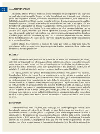     
72 AMARELINHA/SAPATA
de quadrados riscados no chão de pulo em pulo. Amarelinha é uma brincadeira que estimula o
O desenho apresenta quadrados ou retângulos numerados de um a dez e no topo o céu, em
dois nas casas duplas, evitando a que contém a pedrinha, e na volta, deve recolher a pedrinha
tocar em nenhuma linha.
Existem alguns desdobramentos e nuances de regras que variam de lugar para lugar. Os
participantes podem se organizar em pequenos grupos e desenhar a sua amarelinha, tendo como
ELÁSTICO
Na brincadeira do elástico, coloca-se um elástico de, em média, dois metros unido por um nó,
um retângulo. A terceira pessoa pula dentro do retângulo com os dois pés e, depois, com um pulo,
Quando chega à altura da cintura, deve-se levantar uma perna de cada vez, seguindo a música
cantada por todos. Nessa etapa, quando estiver dentro do retângulo, pisar primeiro em uma linha
recomeça tudo, mas quem segura o elástico utiliza somente uma perna, deixando o espaço bem
de apoio.
BETES/TACO
 
