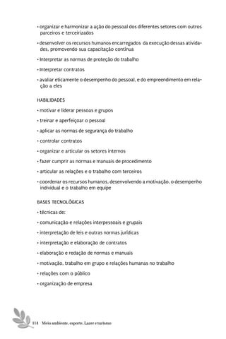 • organizar e harmonizar a ação do pessoal dos diferentes setores com outros
    parceiros e terceirizados
  • desenvolver os recursos humanos encarregados da execução dessas ativida-
    des, promovendo sua capacitação contínua
  • Interpretar as normas de proteção do trabalho
  • Interpretar contratos
  • avaliar eticamente o desempenho do pessoal, e do empreendimento em rela-
    ção a eles

  HABILIDADES

  • motivar e liderar pessoas e grupos
  • treinar e aperfeiçoar o pessoal
  • aplicar as normas de segurança do trabalho
  • controlar contratos
  • organizar e articular os setores internos
  • fazer cumprir as normas e manuais de procedimento
  • articular as relações e o trabalho com terceiros

  • coordenar os recursos humanos, desenvolvendo a motivação, o desempenho
    individual e o trabalho em equipe

  BASES TECNOLÓGICAS
  • técnicas de:
  • comunicação e relações interpessoais e grupais
  • interpretação de leis e outras normas jurídicas
  • interpretação e elaboração de contratos
  • elaboração e redação de normas e manuais

  • motivação, trabalho em grupo e relações humanas no trabalho
  • relações com o público
  • organização de empresa




114 Meio ambiente, esporte, Lazer e turismo
 
