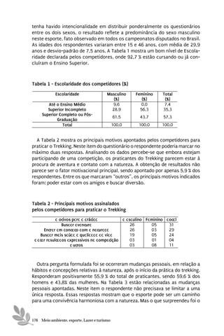 tenha havido intencionalidade em distribuir ponderalmente os questionários
entre os dois sexos, o resultado reflete a predominância do sexo masculino
neste esporte, fato observado em todos os campeonatos disputados no Brasil.
As idades dos respondentes variaram entre 15 e 46 anos, com média de 29,9
anos e desvio-padrão de 7,5 anos. A Tabela 1 mostra um bom nível de Escola-
ridade declarada pelos competidores, onde 92,7 % estão cursando ou já con-
cluíram o Ensino Superior.



Tabela 1 - Escolaridade dos competidores (%)
            Escolaridad^                 Masculino    F^minino   Total
                                            (%)          (%)      (%)
        Até o Ensino Médio                 9,6           0,0      7,4
        Sup^rior Incompl^to                28,9         56,3     35,3
     Sup^rior Compl^to ou Pós-
                                              61,5      43,7     57,3
             Graduação
               Total                          100,0    100,0     100,0


  A Tabela 2 mostra os principais motivos apontados pelos competidores para
praticar o Trekking. Neste item do questionário o respondente poderia marcar no
máximo duas respostas. Analisando os dados percebe-se que embora estejam
participando de uma competição, os praticantes do Trekking parecem estar à
procura de aventura e contato com a natureza. A obtenção de resultados não
parece ser o fator motivacional principal, sendo apontado por apenas 5,9 % dos
respondentes. Entre os que marcaram “outros”, os principais motivos indicados
foram: poder estar com os amigos e buscar diversão.



Tabela 2 - Principais motivos assinalados
pelos competidores para praticar o Trekking
             " o"ivos p"r" " "rá"i""         " "s"ulino F"minino "o""l
                Bus""r "v"n"ur"                  26       05      31
      En"r"r "m "on"""o "om " n""ur"""           26       03      29
    Bus""r m"is s"ú"" " qu"li"""" "" vi""        19       05      24
 " """r r"sul"""os "xpr"ssivos n" "omp""ição     03        01     04
                     " u"ros                     03       08      11



  Outra pergunta formulada foi se ocorreram mudanças pessoais, em relação a
hábitos e concepções relativas à natureza, após o início da prática do trekking.
Responderam positivamente 55,9 % do total de praticantes, sendo 59,6 % dos
homens e 43,8% das mulheres. Na Tabela 3 estão relacionadas as mudanças
pessoais apontadas. Neste item o respondente não precisava se limitar a uma
única resposta. Essas respostas mostram que o esporte pode ser um caminho
para uma convivência harmoniosa com a natureza. Mas o que surpreendeu foi o


176 Meio ambiente, esporte, Lazer e turismo
 