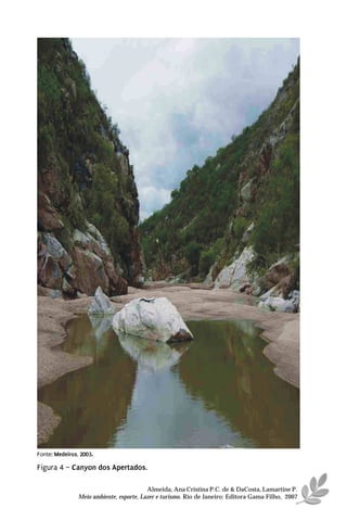 Fonte: Medeiros, 2003.

Figura 4 – Canyon dos Apertados.

                                          Almeida, Ana Cristina P.C. de & DaCosta, Lamartine P.
                Meio ambiente, esporte, Lazer e turismo. Rio de Janeiro: Editora Gama Filho, 2007
 
