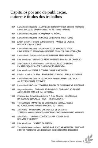 Capítulos por ano de publicação,
autores e títulos dos trabalhos

1967   Lamartine P. DaCosta A ATIVIDADE DESPORTIVA NOS CLIMAS TROPICAIS
       E UMA SOLUÇÃO EXPERIMENTAL: O ALTITUDE TRAINING
1967   Lamartine P. DaCosta PLANEJAMENTO MÉXICO
1981   Lamartine P. DaCosta PRINCÍPIOS DO ESPORTE PARA TODOS
1983   Jürgen Diekert Floriano Dutra Monteiro PARQUE DE LAZER E
       DE ESPORTE PARA TODOS
1987   Lamartine P. DaCosta A REINVENÇÃO DA EDUCAÇÃO FÍSICA
       E DO DESPORTO SEGUNDO PARADIGMAS DO LAZER E DA RECREAÇÃO
1992   Lamartine P. DaCosta O OLHAR E O PENSAR AMBIENTALISTA
1993   Rita MendonçaTURISMO OU MEIO AMBIENTE: UMA FALSA OPOSIÇAO
1996   Ana Cristina P. C. de Almeida A INTER-RELAÇÃO DO ENSINO
       EM RECREAÇÃO E LAZER E A EDUCAÇÃO AMBIENTAL
1996   Rita MendonçaVISITAR E COMPARTILHAR A NATUREZA
1996   Flávio Leonel A. da Silva ECOTURISMO: VIAGEM, LAZER & AVENTURA
1997   Lamartine P. DaCosta INTRODUCTION - ENVIRONMENT AND SPORT:
       AN INTERNATIONAL OVERVIEW
1997   Lamartine P. DaCosta TOWARD A THEORY OF ENVIRONMENT AND SPORT
1999   Alcyane Marinho DO BAMBI AO RAMBO OU DO RAMBO AO BAMBI?
       AS RELAÇÕES COM A (E NA) NATUREZA
1999   Cristiane Ker de MeloAna Cristina P. C. de Almeida NAS TRILHAS
       DA RELAÇÃO EDUCAÇÃO FÍSICA – MEIO AMBIENTE
1999   Teresa Magro IMPACTOS DO USO PÚBLICO EM UMA TRILHA
       NO PLANALTO DO PARQUE NACIONAL DO ITATIAIA
1999   Alba Vieira ECOTURISMO URBANO: RUA DE LAZER EM
       TOMBOS – MG APRENDENDO, BRINCANDO E INOVANDO O MEIO AMBIENTE
1999   Alba Vieira TURISMO ECOLÓGICO: ESSA POSSIBILIDADE
       DE LAZER É “QUENTE”
1999   Rita Mendonça SENTIDO DA VIAGEM
2000   Vera Lúcia Menezes Costa AVENTURA E RISCO NA NATUREZA: SÍMBOLOS
       E MITOS PRESENTES NOS DISCURSOS DO ECOTURISMO ESPORTIVO



                                          Meio ambiente, esporte, Lazer e turismo 9
 