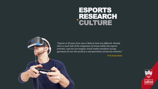 “Esports in 20 years from now is likely to look very different. Already
there is much talk of the integration of virtual reality into esports
activities, and one can imagine virtual reality simulators occupy
gymnasia all over the world as a next generation of exercise machine.”
Prof Andy Miah
ESPORTS
RESEARCH
CULTURE
+
 