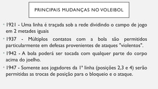 PRINCIPAIS MUDANÇAS NO VOLEIBOL
• 1921 - Uma linha é traçada sob a rede dividindo o campo de jogo
em 2 metades iguais
• 1937 - Múltiplos contatos com a bola são permitidos
particularmente em defesas provenientes de ataques "violentos".
• 1942 - A bola poderá ser tocada com qualquer parte do corpo
acima do joelho.
• 1947 - Somente aos jogadores da 1ª linha (posições 2,3 e 4) serão
permitidas as trocas de posição para o bloqueio e o ataque.
 