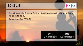 • Os primeiros indícios de Surf no Brasil remetem à cidade de Santos
na década de 30
• Confederação: CBSURF
2005
2,4 milhões
2013
1,03 milhões
08X
 