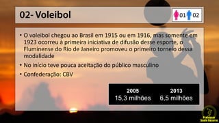 • O voleibol chegou ao Brasil em 1915 ou em 1916, mas somente em
1923 ocorreu à primeira iniciativa de difusão desse esporte, o
Fluminense do Rio de Janeiro promoveu o primeiro torneio dessa
modalidade
• No início teve pouca aceitação do público masculino
• Confederação: CBV
2005
15,3 milhões
2013
6,5 milhões
0201
 