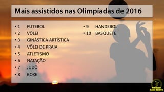 • 1 FUTEBOL
• 2 VÔLEI
• 3 GINÁSTICA ARTÍSTICA
• 4 VÔLEI DE PRAIA
• 5 ATLETISMO
• 6 NATAÇÃO
• 7 JUDÔ
• 8 BOXE
• 9 HANDEBOL
• 10 BASQUETE
 