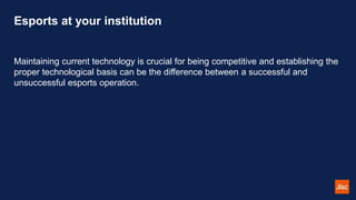 Esports at your institution
Maintaining current technology is crucial for being competitive and establishing the
proper technological basis can be the difference between a successful and
unsuccessful esports operation.
 