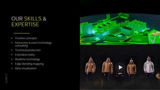 XLAB.CZ
OUR SKILLS &
EXPERTISE
• Creative concepts
• Interactive & event technology
consulting
• Technical production
• Extended reality
• Realtime technology
• Edge blending mapping
• Data visualization
 